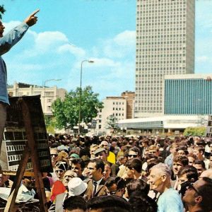 Speakers' Corner in the 1970s. Man on stool speaking to crowd